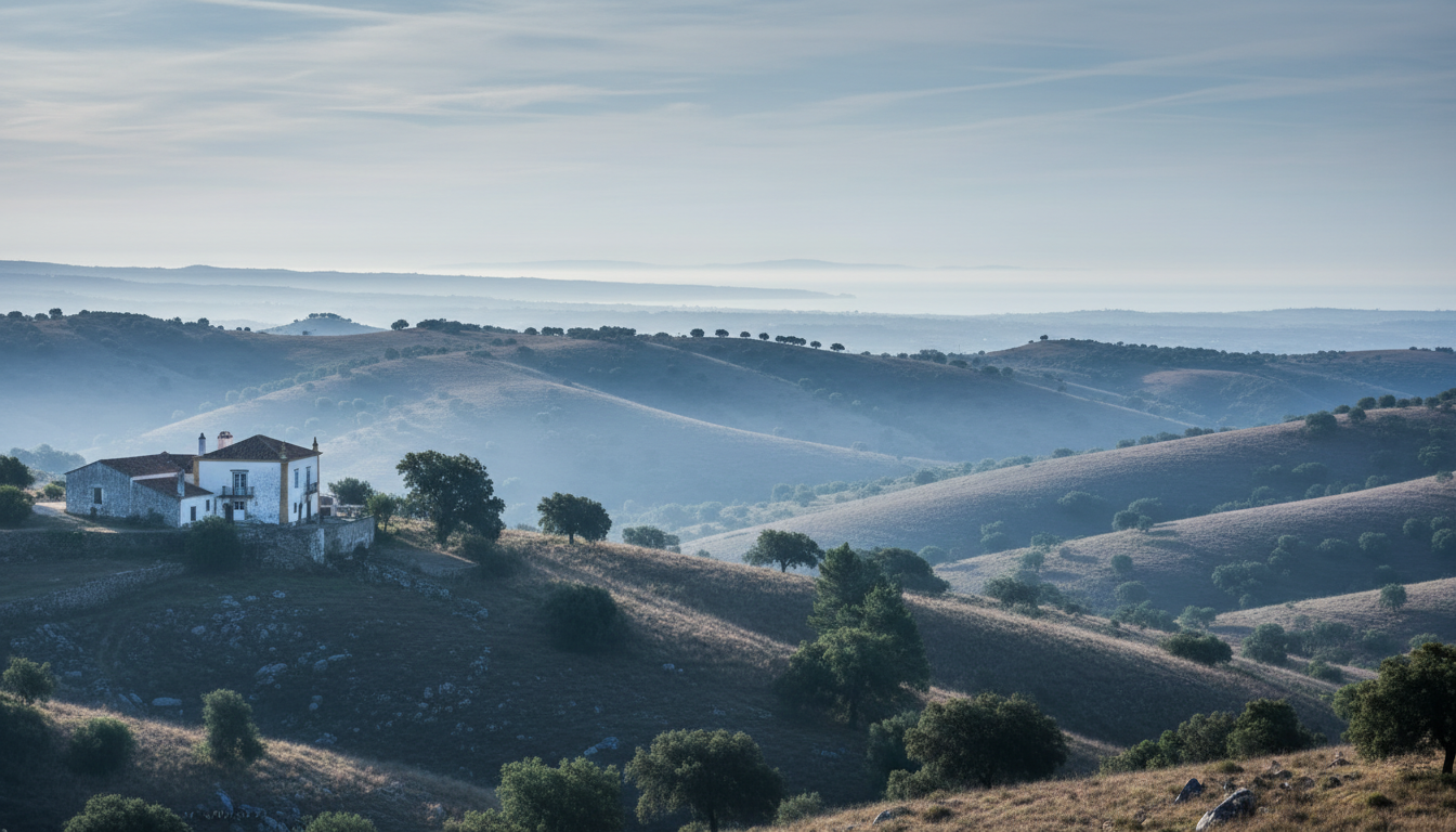 Algarve coastline with traditional Portuguese wellness retreat building nestled in hills, showing regional landscape and architecture