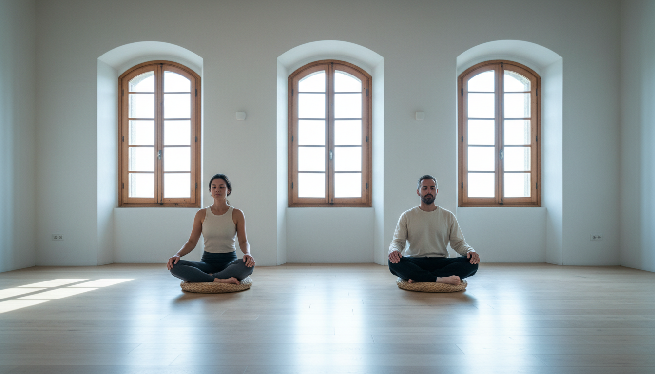 Meditation or yoga session in minimalist indoor studio with natural light, showing budget-conscious but beautiful retreat space