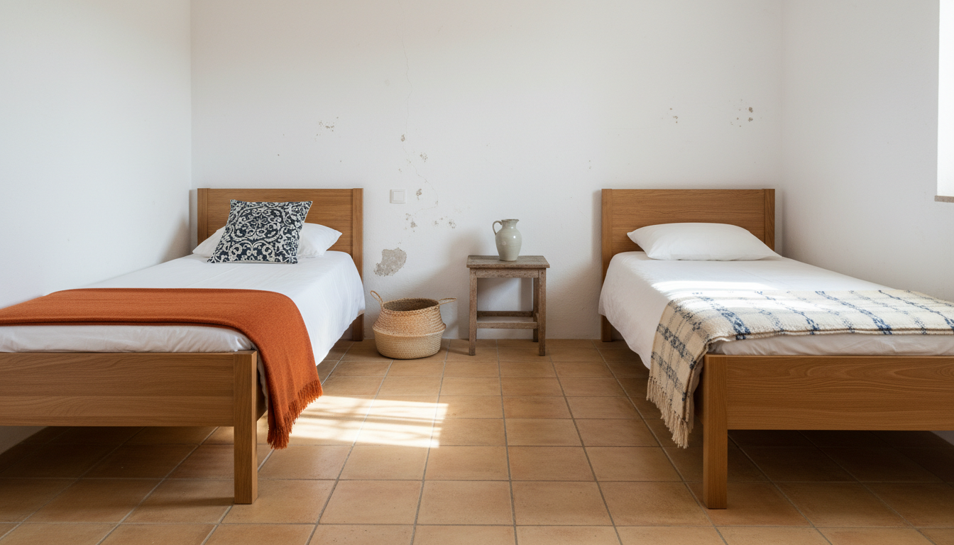 Shared accommodation room at affordable wellness retreat showing clean, comfortable twin beds with Portuguese textiles and natural decor