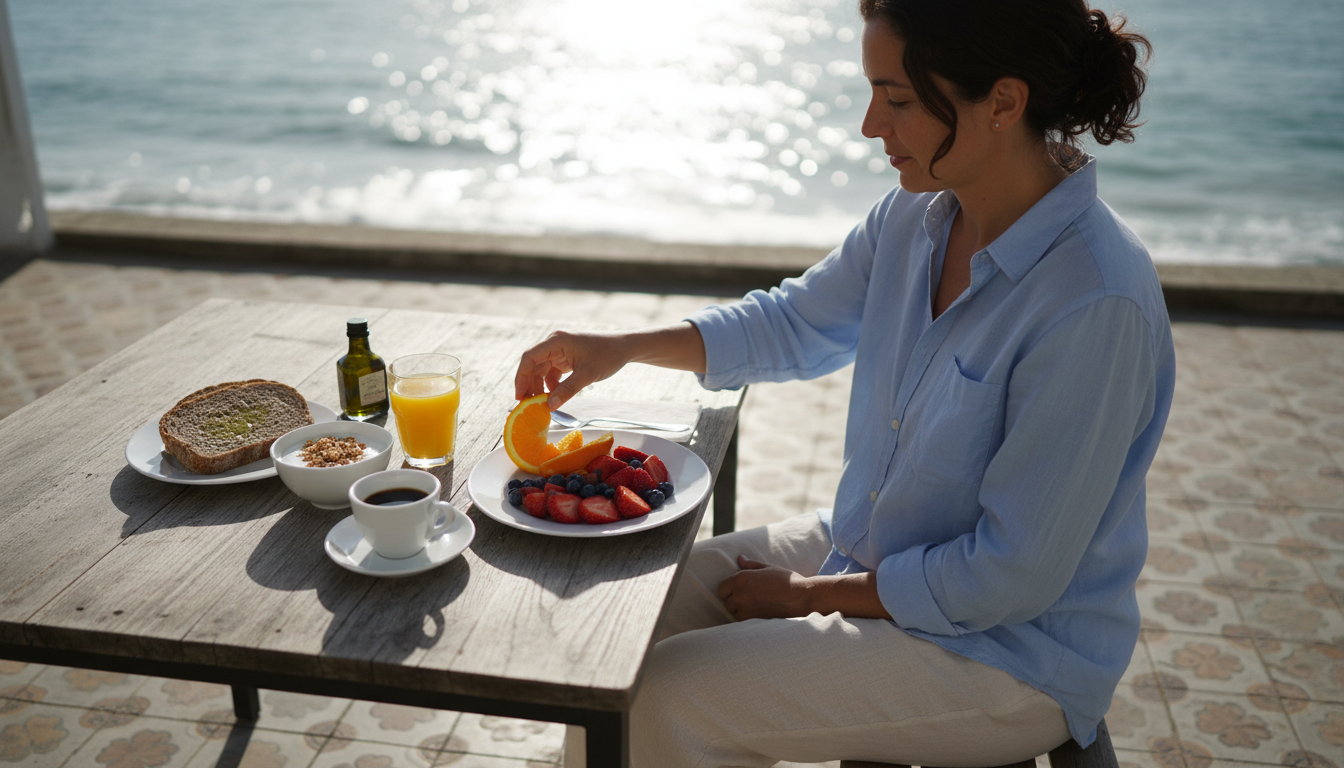 Healthy Mediterranean breakfast spread at wellness retreat with fresh fruit, Portuguese dishes, and ocean view terrace setting