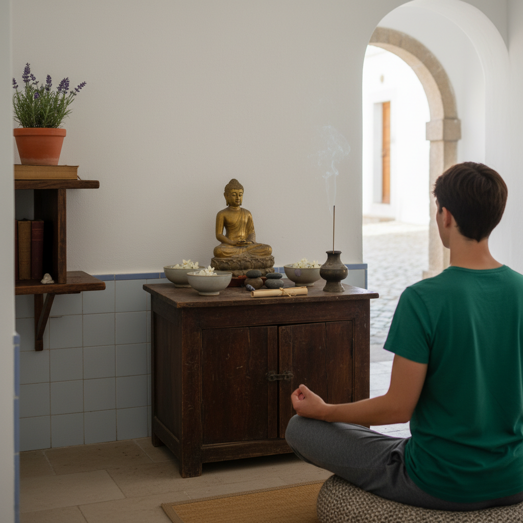 Simple altar or meditation space showing Buddhist symbols accessible to beginners