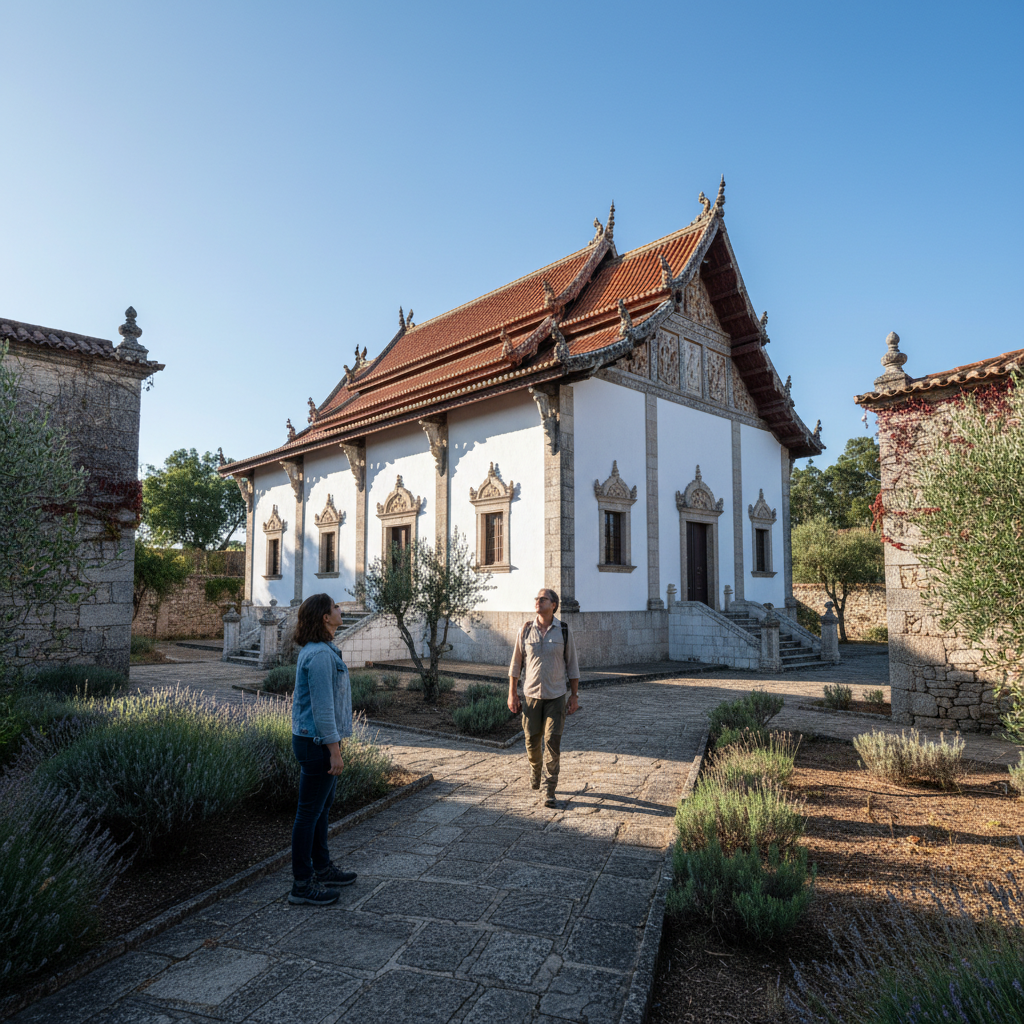 Exterior view of the Kadampa Temple for World Peace in Sintra showing traditional Buddhist architecture amid Portuguese landscape