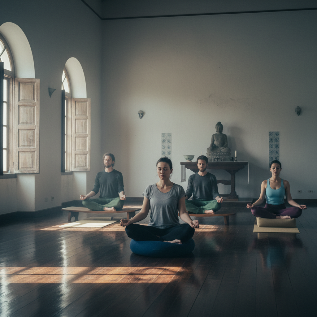 Interior meditation hall showing practitioners in seated meditation posture in a serene Buddhist temple setting