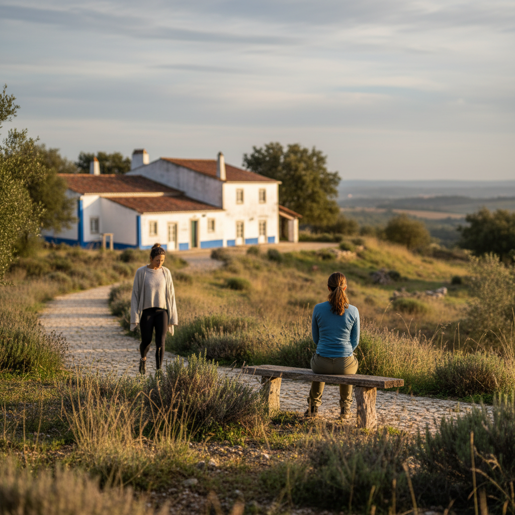 Peaceful countryside retreat setting in rural Portugal with meditation space and natural surroundings