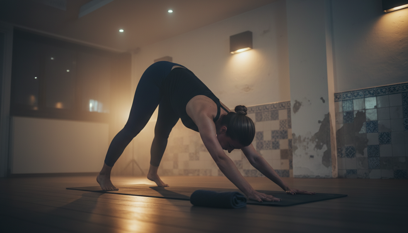 Yoga practitioner in downward dog or warrior pose in heated yoga studio, steam or warmth visible in atmosphere, focus on practice rather than person's face. Atmospheric, intimate perspective.
