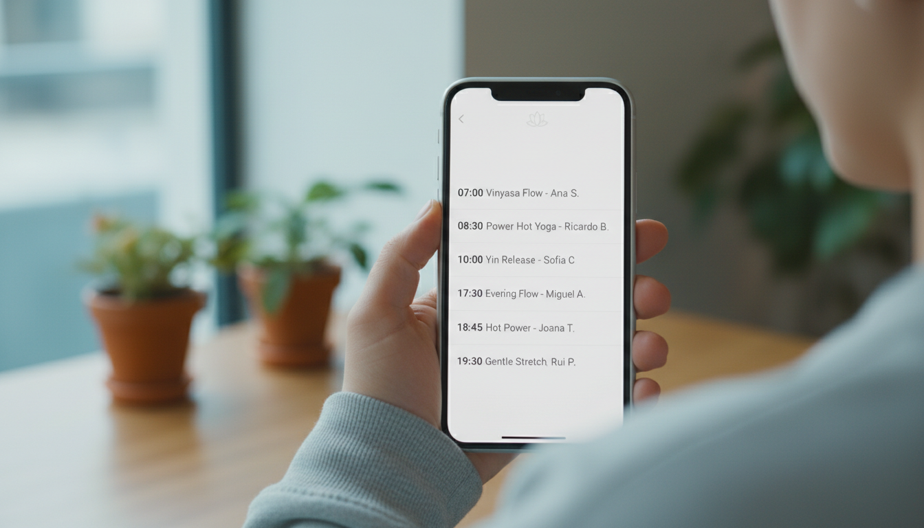 Digital schedule board or mobile phone screen showing yoga class schedule with morning and evening time slots, class names, and instructor names. Clean, modern interface design.