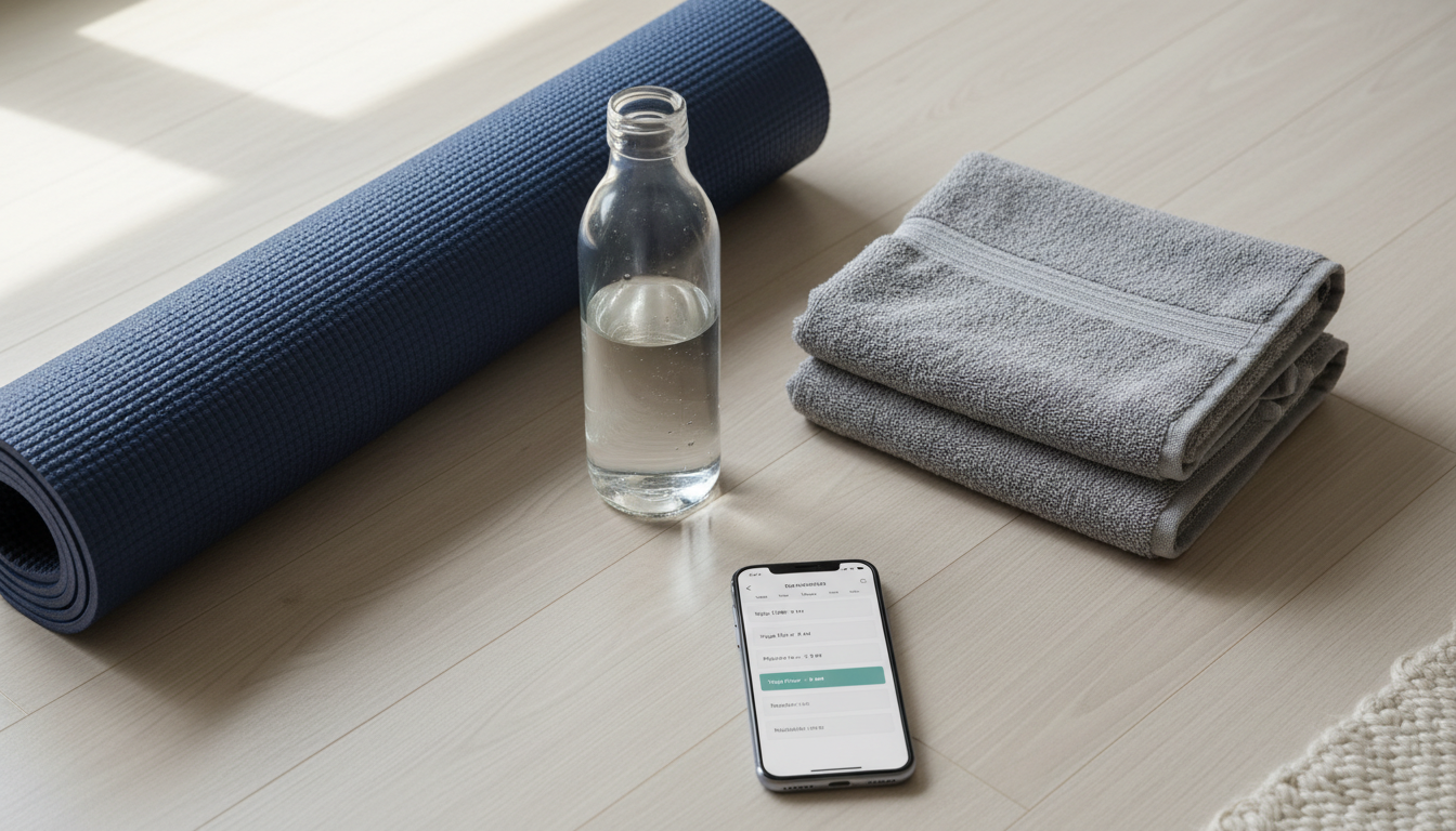 Yoga mat, large water bottle, towel, and phone with booking app visible arranged neatly, suggesting preparation for hot yoga class. Flat lay photography style.
