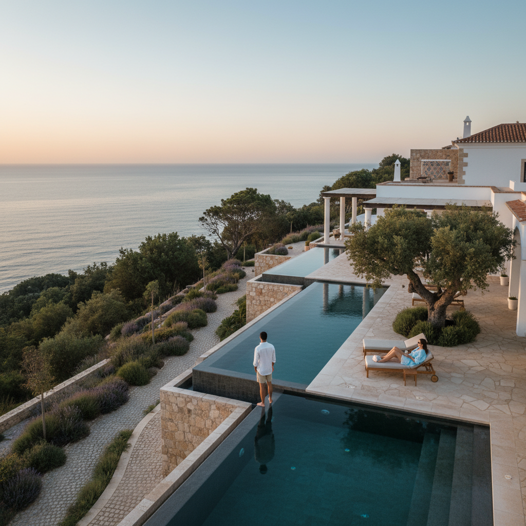 Aerial view of a clifftop luxury spa resort overlooking the Atlantic Ocean at sunset, with infinity pools, modern architecture, and pine forest surroundings in the Algarve
