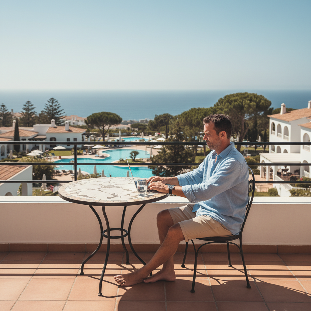 Wellness-focused workspace showing a digital nomad working on a laptop on a sunny terrace with ocean views, spa facilities visible in background