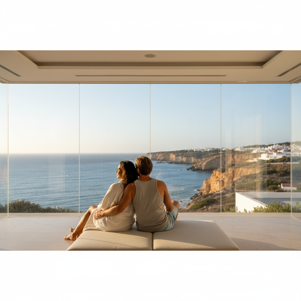 Couple enjoying a private oceanfront spa pavilion with panoramic Algarve coastline views through floor-to-ceiling windows