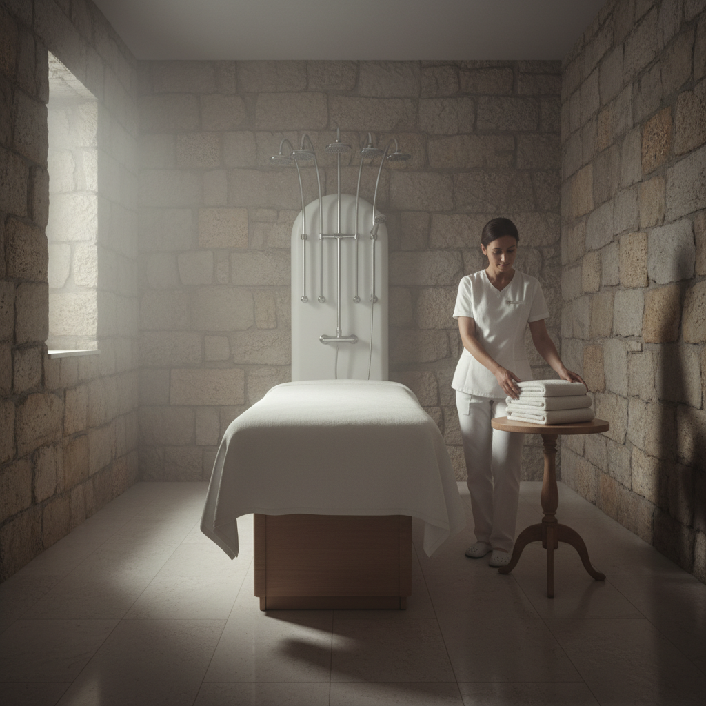 Serene indoor spa treatment room with Vichy shower setup, natural stone elements, and soft ambient lighting reflecting Portuguese wellness design