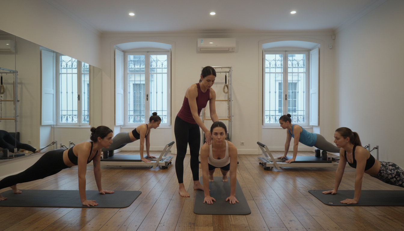 Friendly, candid shot of a small group Pilates class (5-6 people) in a boutique Lisbon studio, showing community atmosphere with instructor giving personalized attention
