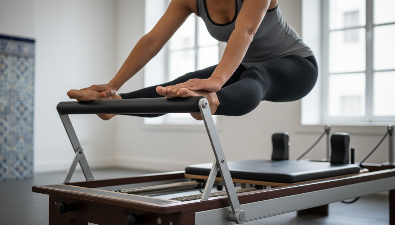 Person using a Pilates reformer machine, mid-exercise, showing the equipment's springs, footbar, and carriage with focus on proper form and the reformer's mechanical components