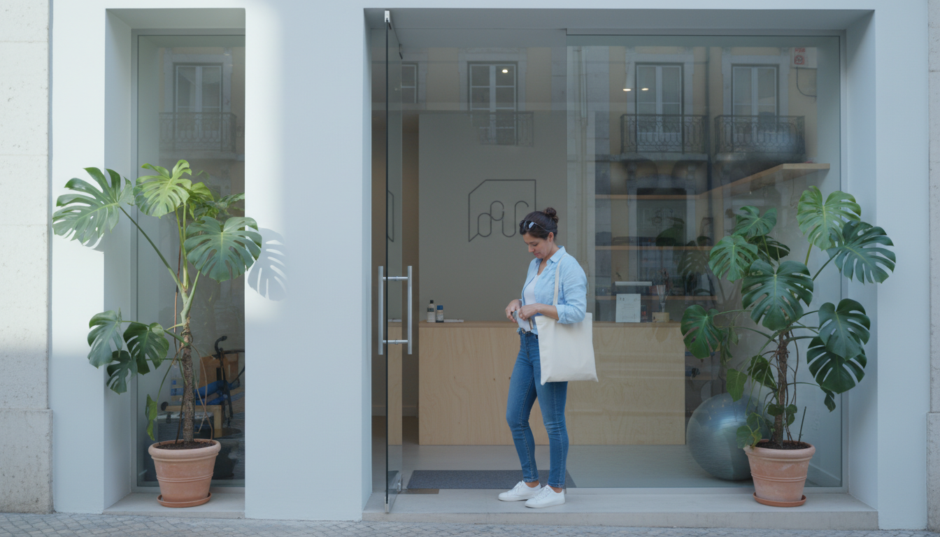 Exterior or interior entrance shot of a stylish Pilates studio in Príncipe Real or central Lisbon neighborhood, showing welcoming reception area or storefront with plants and modern design
