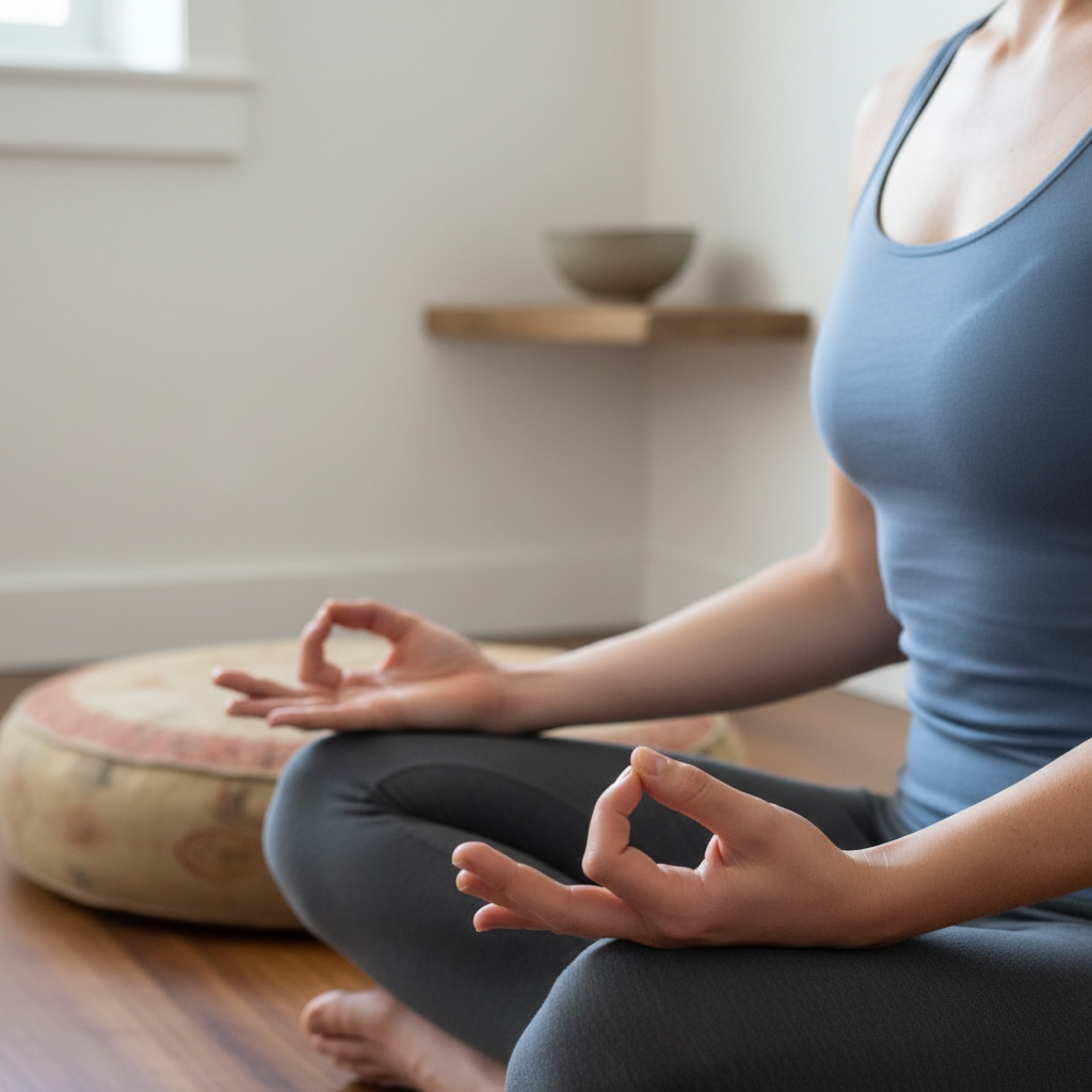 Woman's hands in meditation mudra position with meditation cushion and simple retreat room visible