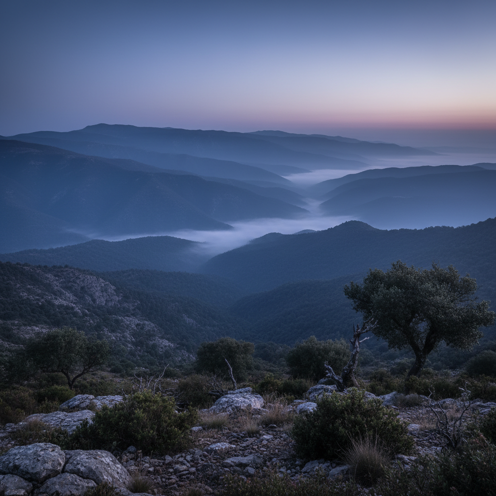 Sunrise or sunset view from mountain retreat location in Monchique showing the landscape beauty practitioners experience