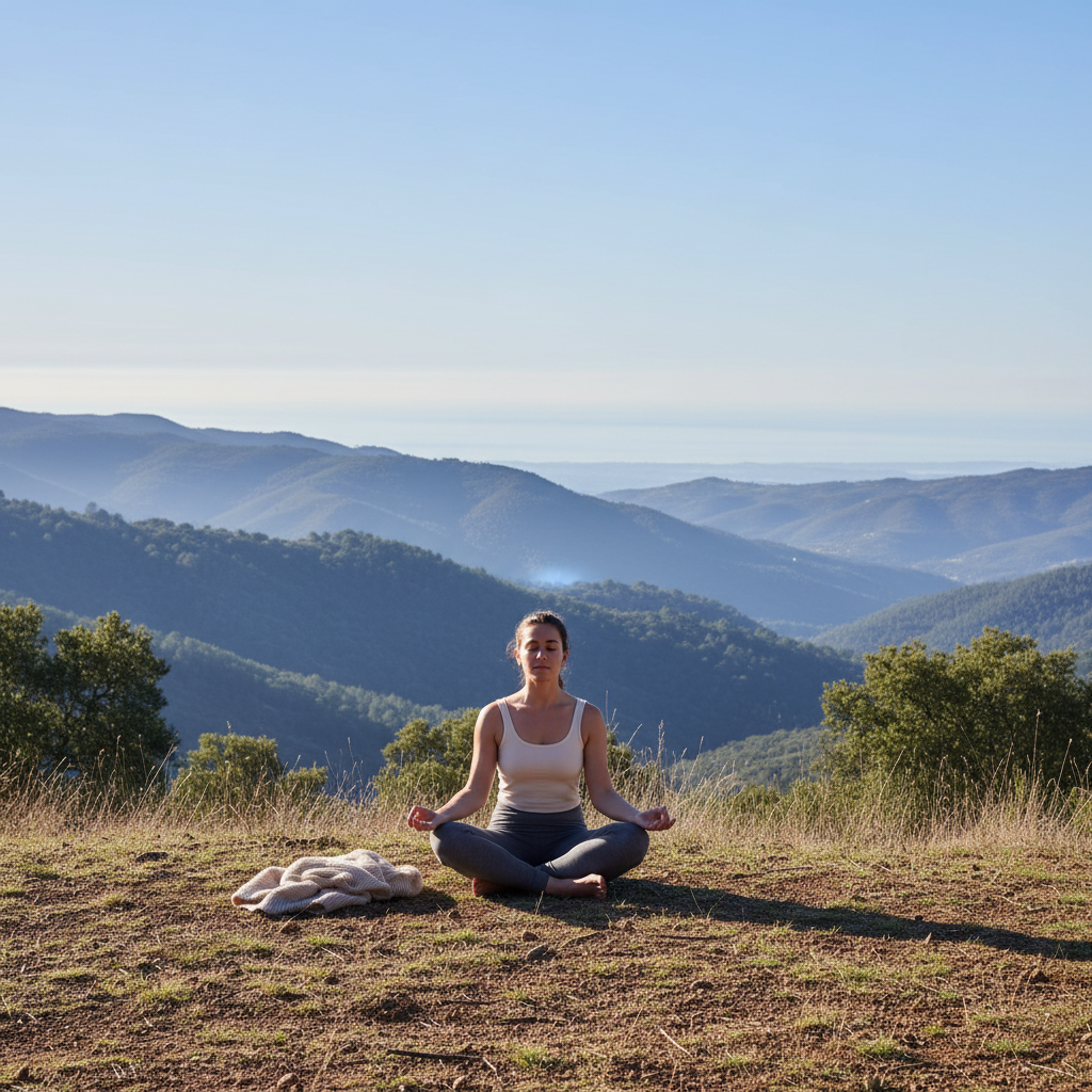 Woman meditating in serene outdoor setting at mountain retreat in Algarve with ocean views and natural landscape
