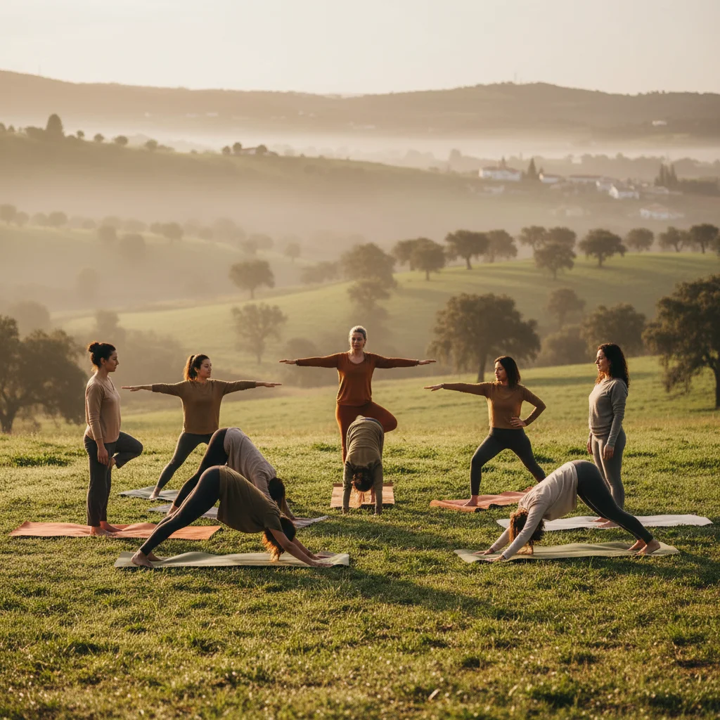 Women practicing yoga in circle formation in Portalegre countryside Portugal during empowerment retreat